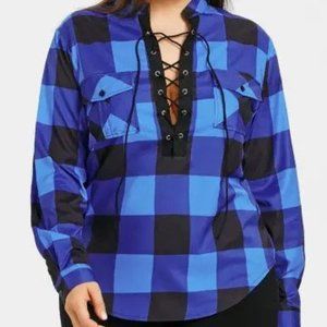 Plus Size Lace Up Plaid Shirt